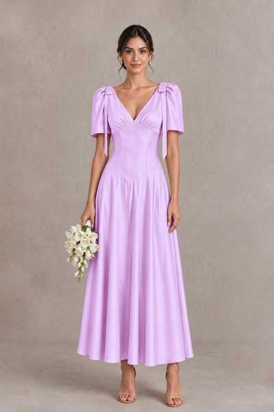 BOLODOO Lilac V-Neck Short Sleeve Satin-Look Bridesmaid Dress with Shoulder Bows - Lilac - Lilac_1