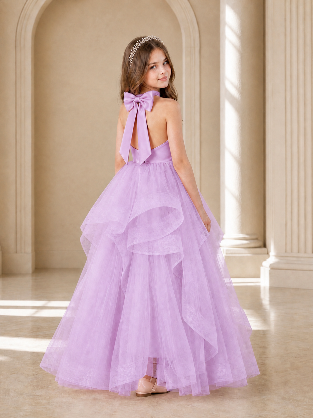 BOLODOO Lilac Halter Tiered Tulle Flower Girl Dress with Bow Back - Lilac - Lilac_1