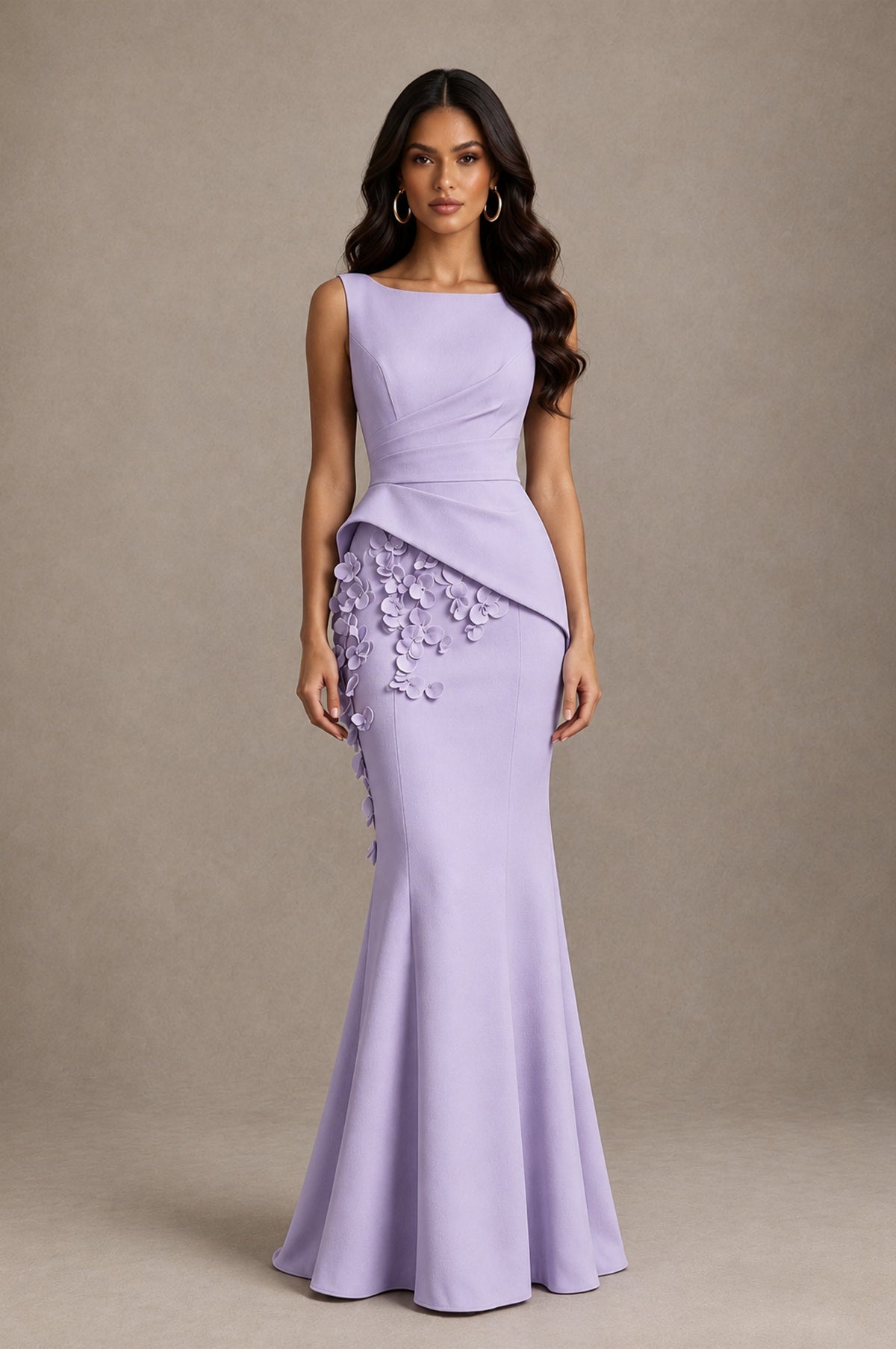 BOLODOO Lilac Bateau Neck Sleeveless Asymmetric Peplum 3D Petal Appliqué Mermaid Gown BD0421 - Lilac - Lilac_1