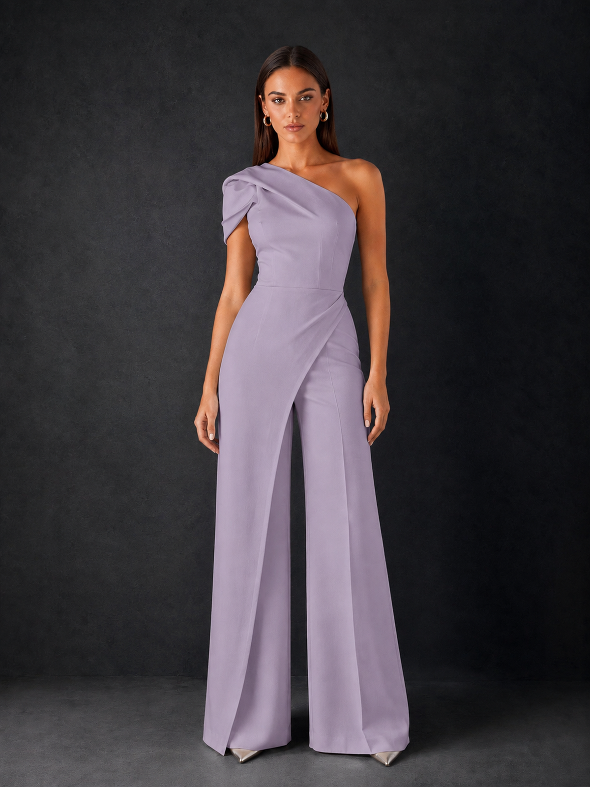BOLODOO Lilac One-Shoulder Puff Sleeve Wide-Leg Jumpsuit with Front Slit and Open Back - Lilac