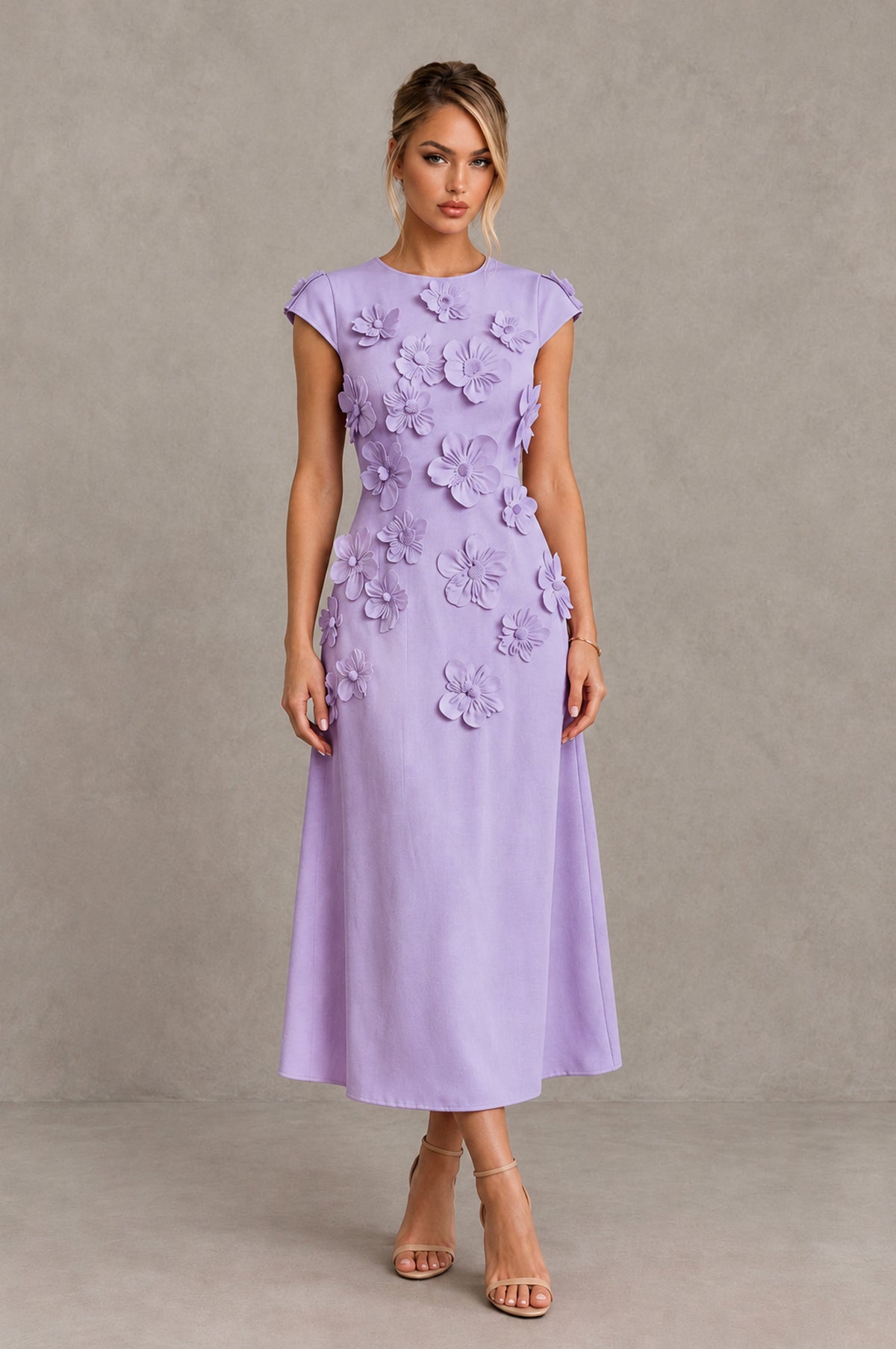 BOLODOO Lilac 3D Floral Cap Sleeve Midi Cocktail Dress - Lilac - Lilac_1