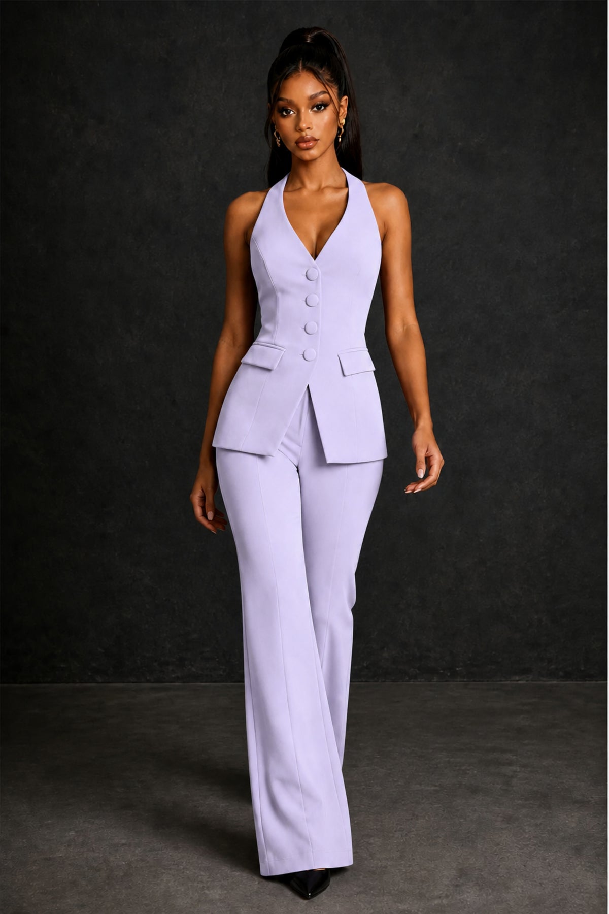 BOLODOO Lilac Halter Neck Deep V Open Back– Formal Suit with Wide-Leg Pants - Lilac