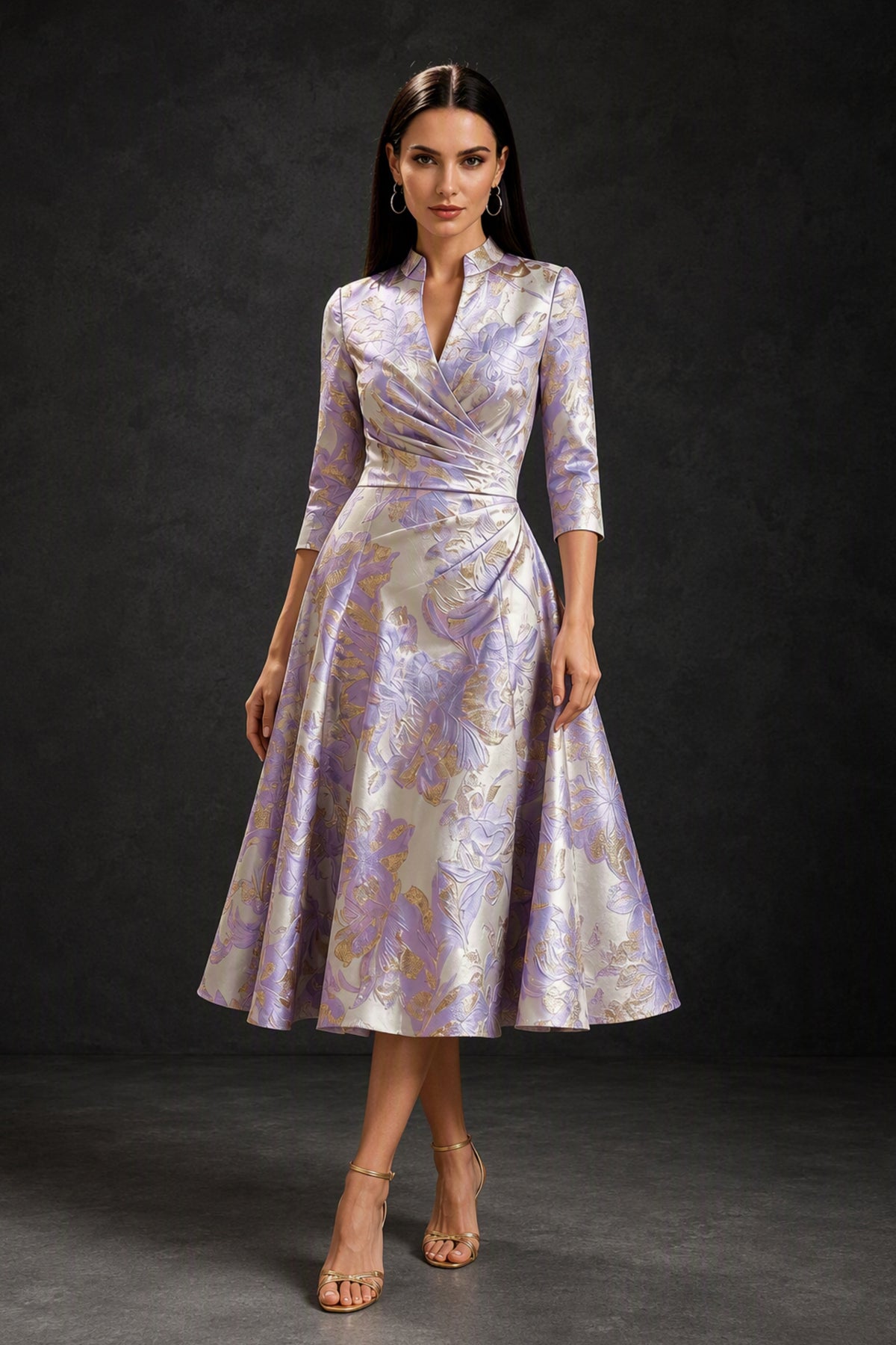 BOLODOO Lilac Floral Jacquard Wrap Midi Dress with Three-Quarter Sleeves - Lilac