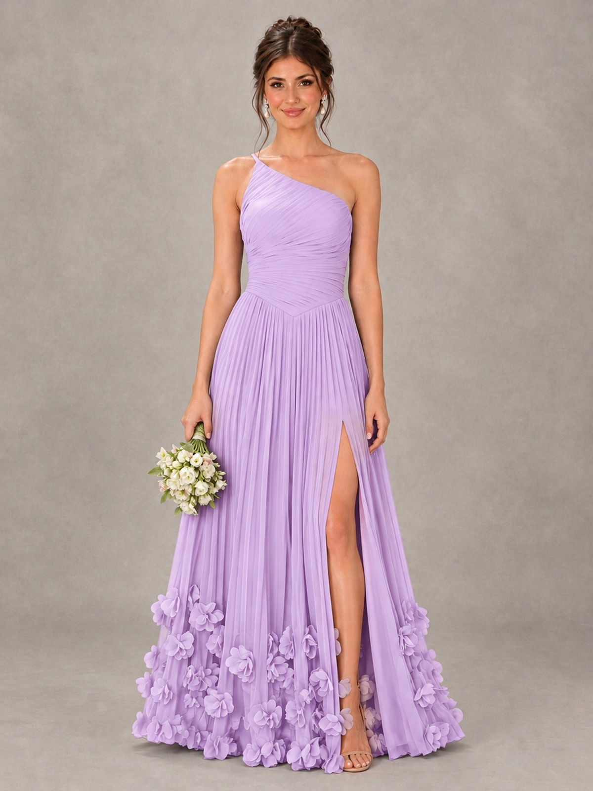 BOLODOO Lilac One-Shoulder Pleated Bridesmaid Dress with 3D Floral Hem - Lilac - Lilac_1