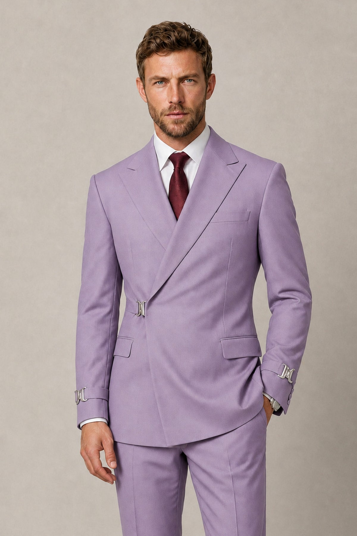 BOLODOO Men's Lilac Double-Breasted 2-Piece Suit Set – Blazer & Tailored Trousers - Lilac