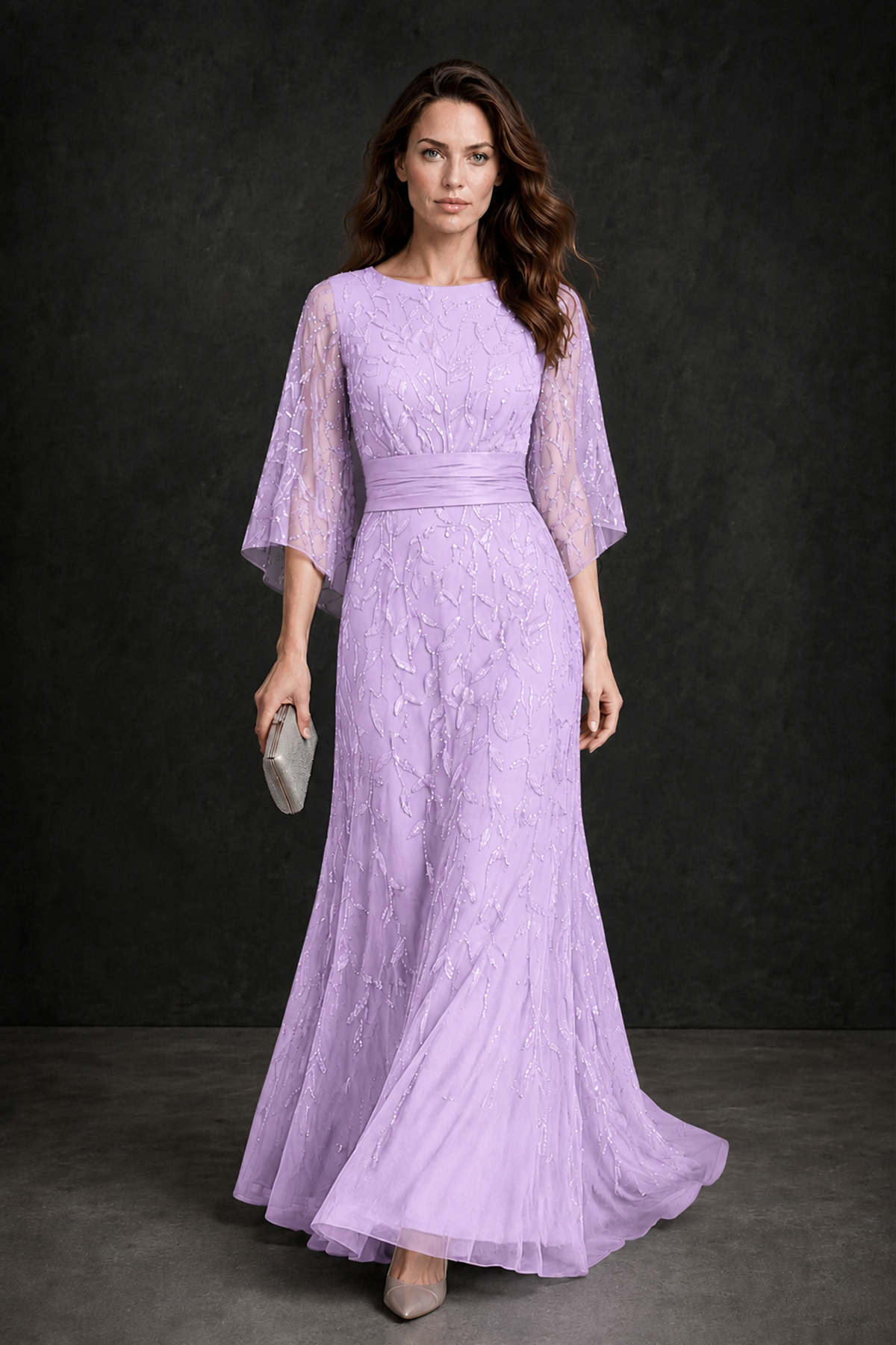 BOLODOO Lilac Bateau Neck Bell Sleeve Sequin Embroidered Satin Waist A-Line Maxi Dress - Lilac - Lilac_1