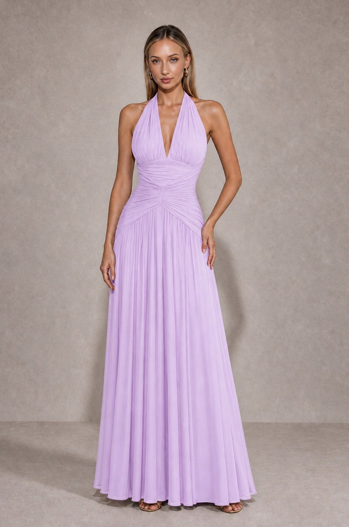 BOLODOO Lilac Chiffon Halter Deep V-Neck Ruched A-Line Backless Maxi Dress with Train-BD0167 - Lilac - Lilac_1