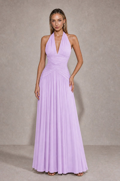 BOLODOO Lilac Chiffon Halter Deep V-Neck Ruched A-Line Backless Maxi Dress with Train-BD0167 - Lilac - Lilac_1