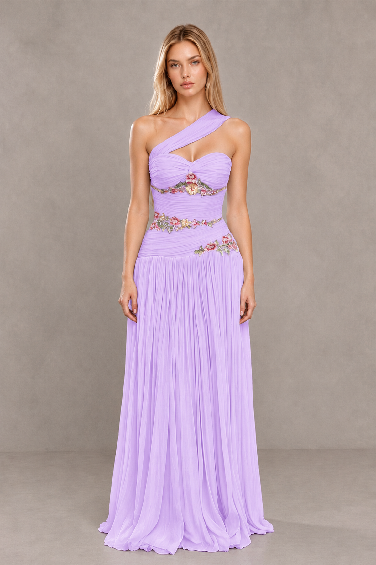 BOLODOO Lilac One-Shoulder Floral Applique A-Line Evening Dress - Lilac - Lilac_1
