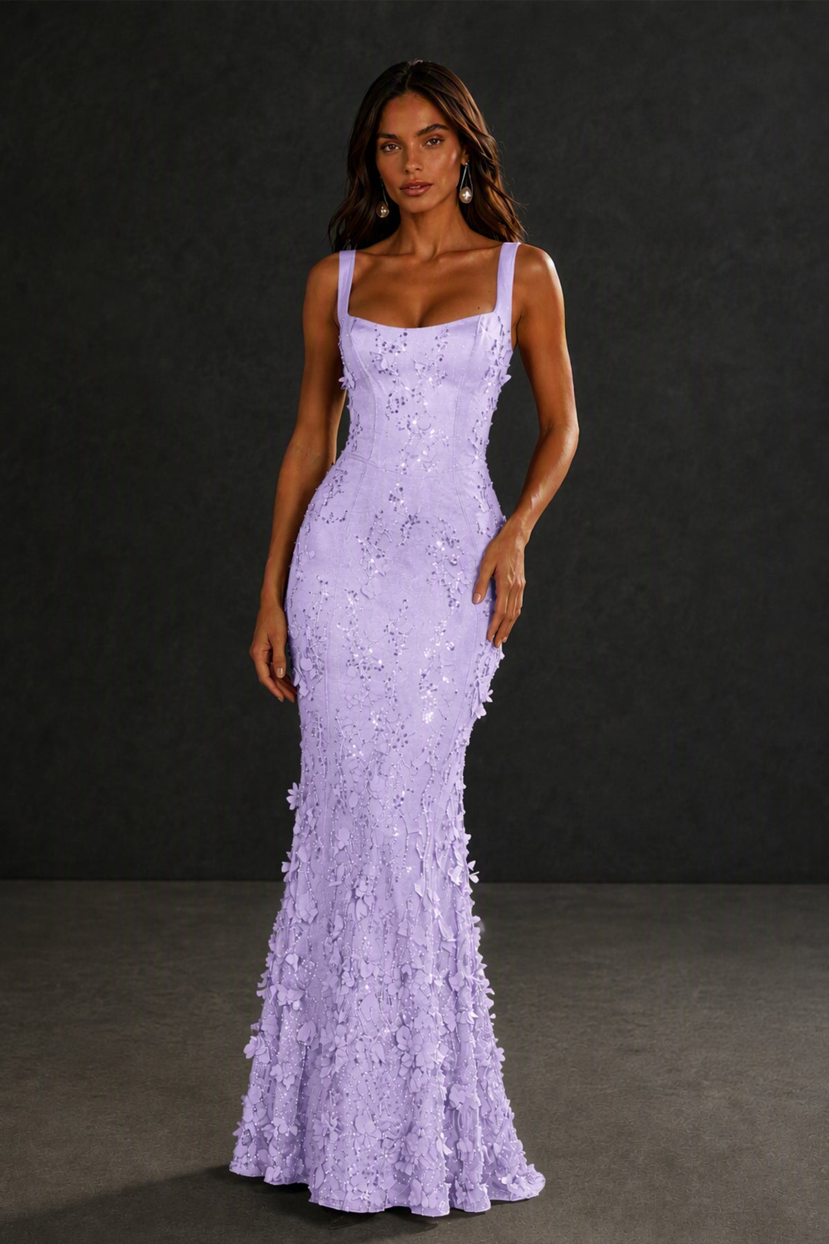BOLODOO Lilac Sequin 3D Floral Mermaid Maxi Gown – Lace-Up Back Formal Dress - Lilac