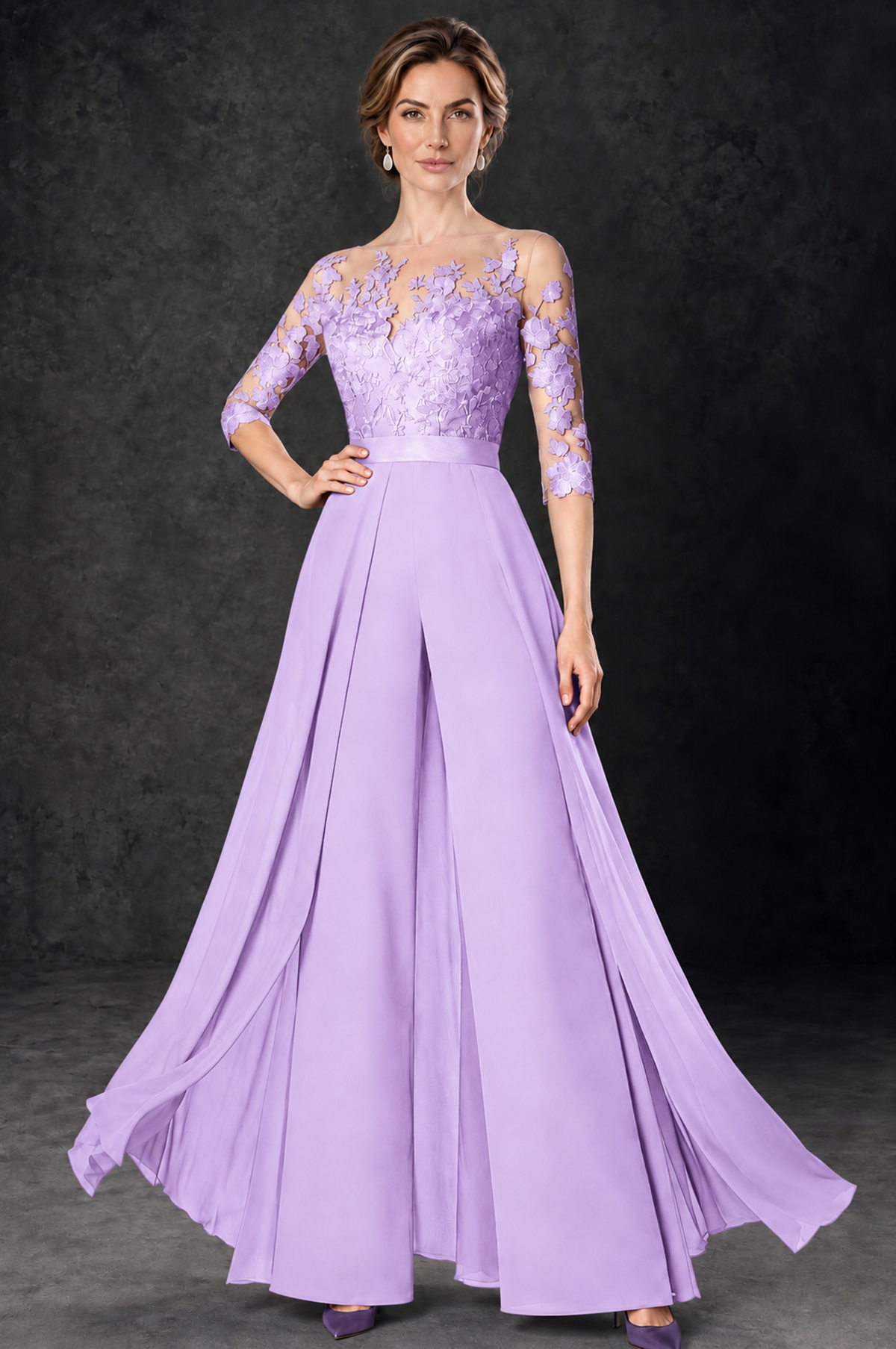 BOLODOO Lilac Lace Wide-Leg Jumpsuit with Three-Quarter Sleeves - Lilac - Lilac_1
