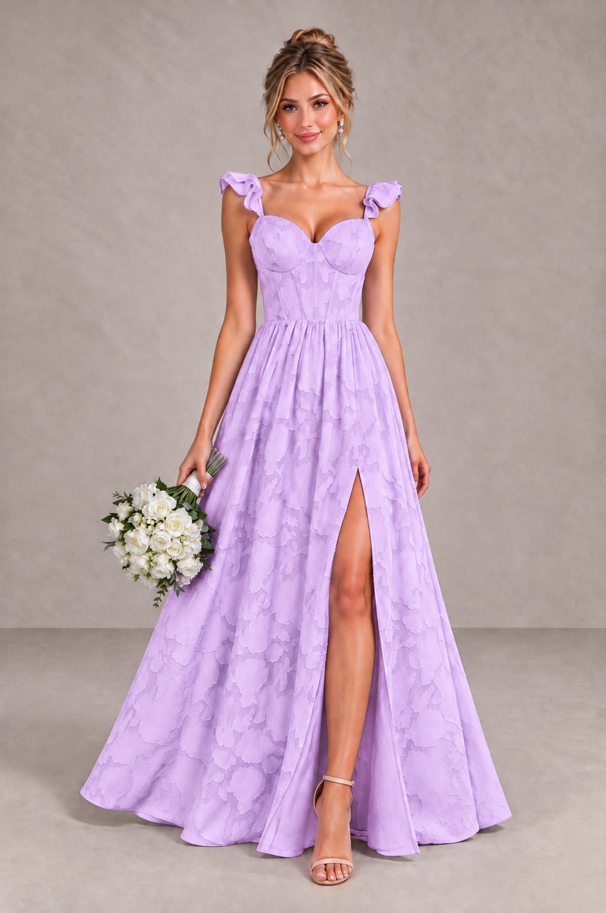 BOLODOO Lilac Floral A-Line Bridesmaid Dress with Slit Ruffle Straps Maxi Gown - Lilac - Lilac_1
