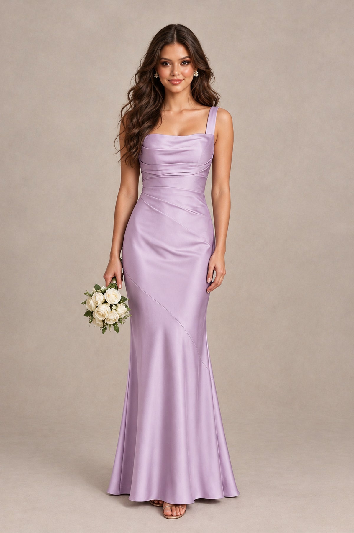 BOLODOO Lilac Square Neck Ruched Satin Lace-Up Bridesmaid Dress - Lilac - Lilac_1