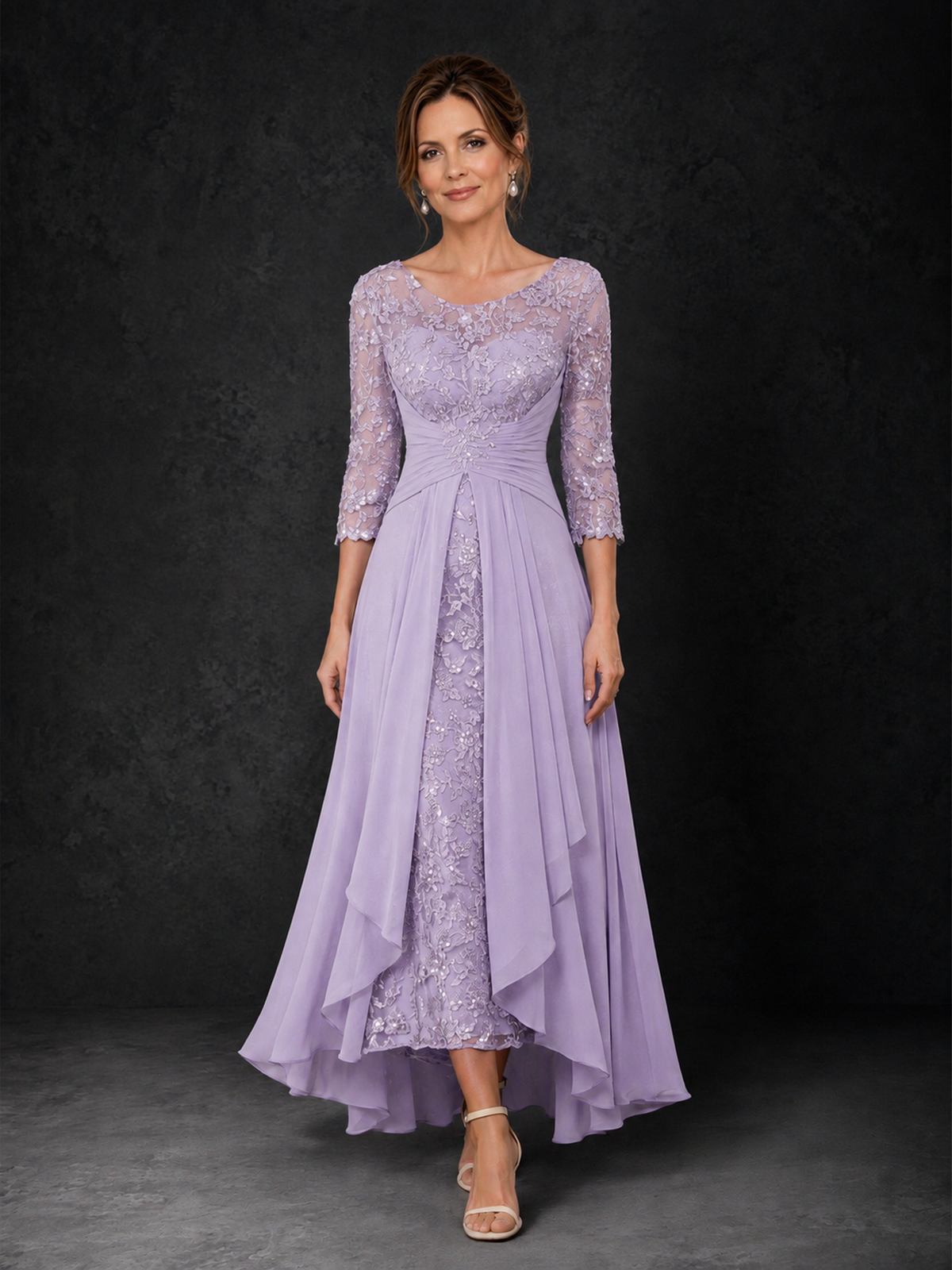 BOLODOO Lilac Sequin Lace & Chiffon Tea-Length Mother of the Bride Dress with 3/4 Sleeves - Lilac