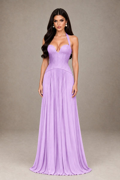 BOLODOO Lilac Halter Corset Pleated A-Line Evening Dress - Lilac - Lilac_1