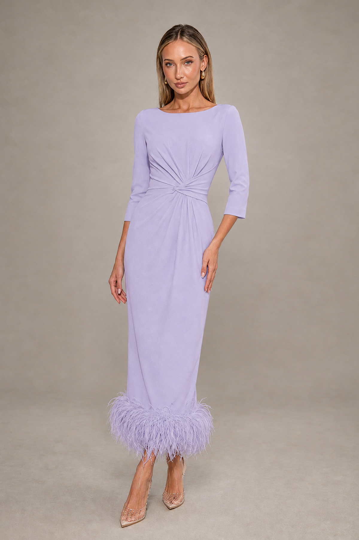 BOLODOO Lilac Feather-Trim Twist-Waist Midi Dress - Lilac - Lilac_1
