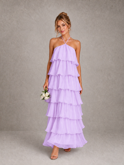 BOLODOO Lilac Halter Tiered Ruffle Maxi Bridesmaid Dress - Lilac - Lilac_1