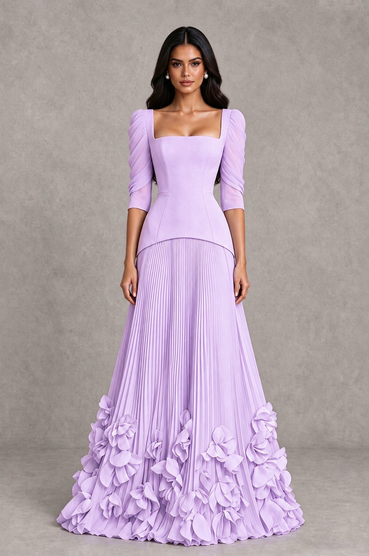 BOLODOO Lilac Square Neck Pleated Floral Applique Evening Dress - Lilac - Lilac_1