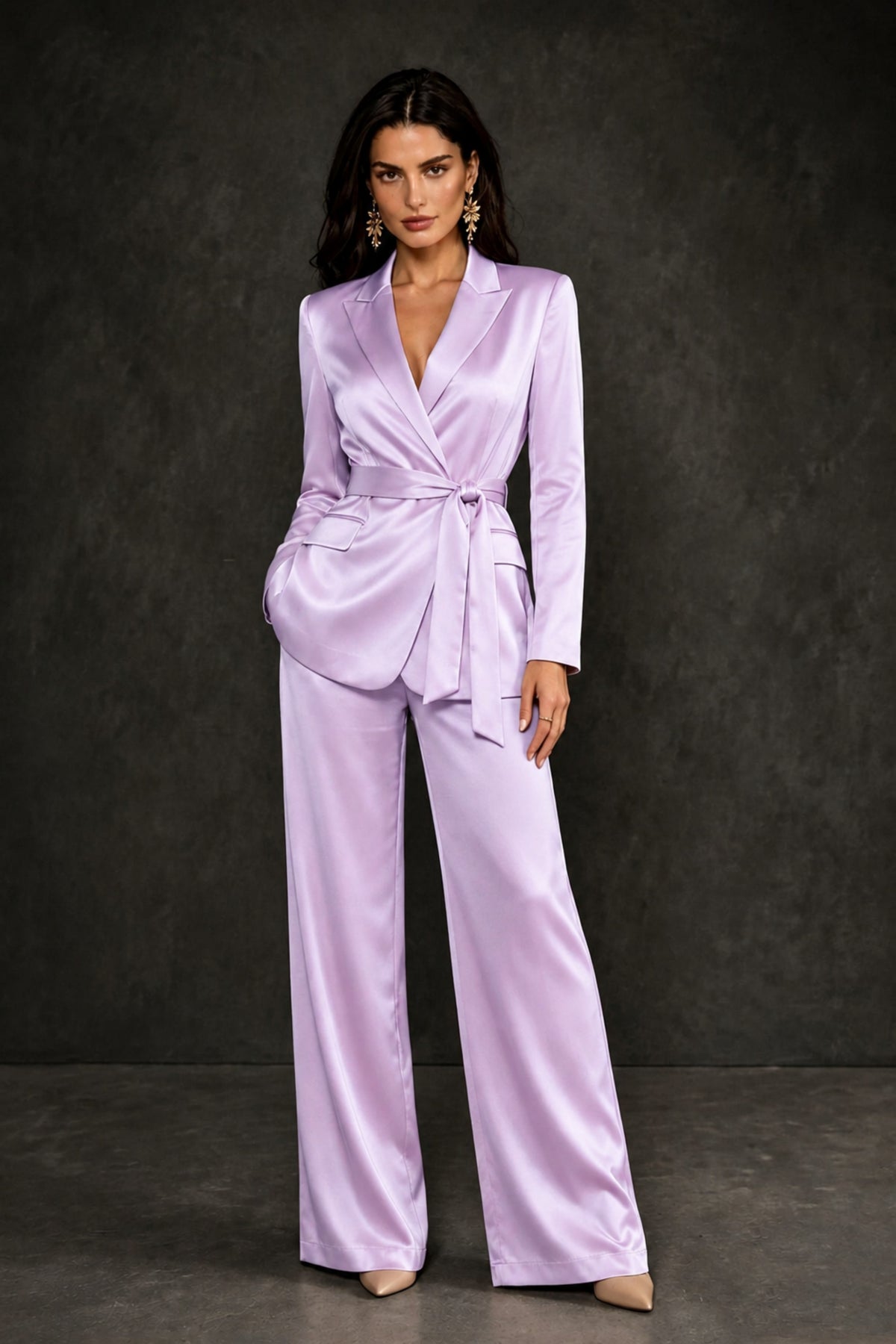 BOLODOO Lilac Satin Wrap Blazer Wide-Leg Pants Two-Piece Suit Set – Evening Gala Wedding Guest - Lilac
