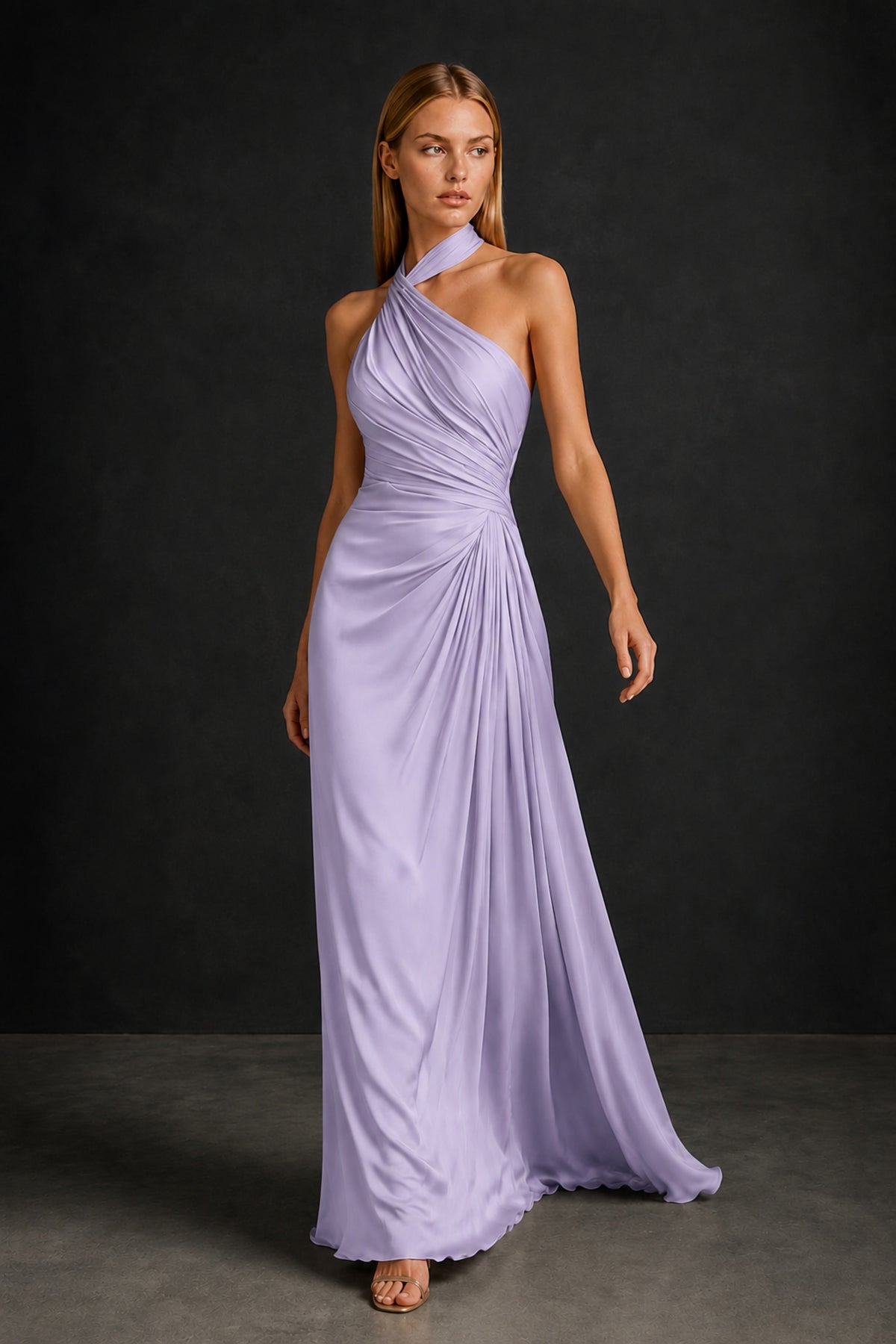 BOLODOO Lilac Twisted Halter Neck Ruched Sleeveless Open Back Floor-Length Gown - Lilac