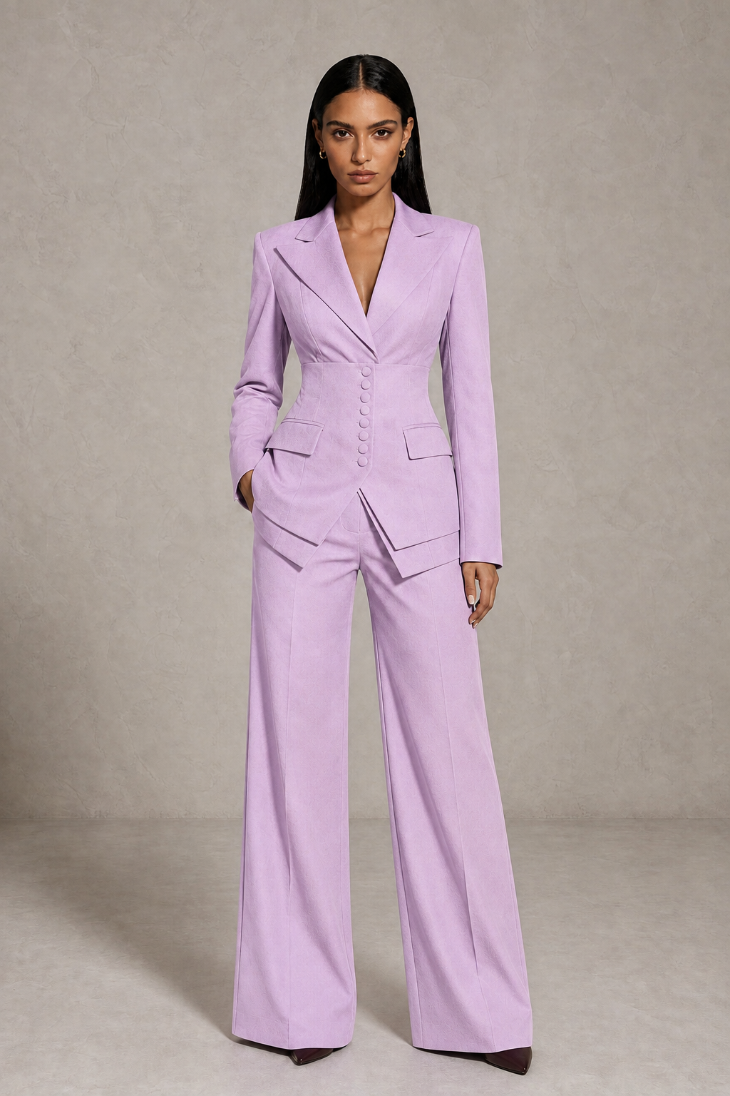 BOLODOO Lilac Cinched Waist Blazer and Wide Leg Pants Two Piece Suit Set - Lilac