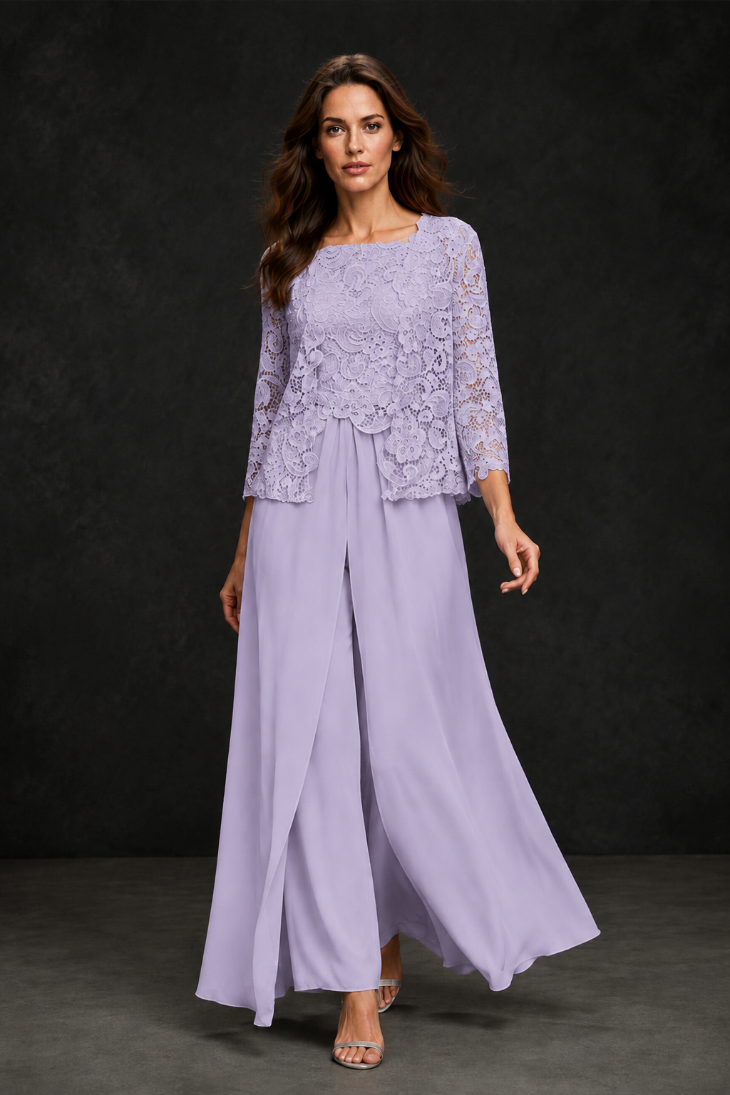 BOLODOO Lilac Grey Lace Peplum Top & Wide-Leg Chiffon Pants Set | Mother of the Bride & Formal Evening Outfit - Lilac