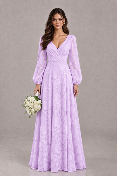 BOLODOO Lilac Long Sleeve V-Neck A-Line Mother of the Bride Dress - Lilac - Lilac_1