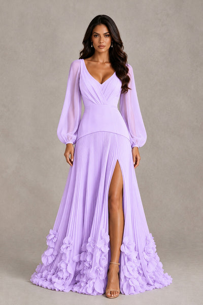 BOLODOO Lilac V-Neck Long Sleeve Pleated Floral Hem Evening Dress - Lilac - Lilac_1