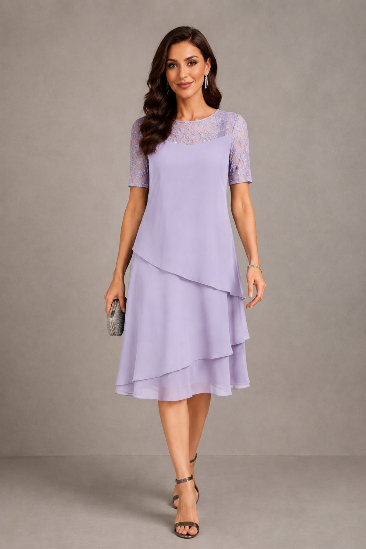 BOLODOO Lilac Illusion Lace Short Sleeve Tiered Chiffon Tea Length Dress | Mother of the Bride Midi Dress - Lilac