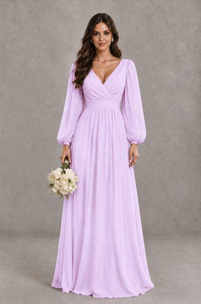 BOLODOO Lilac Long Sleeve V-Neck A-Line Bridesmaid Dress - Lilac - Lilac_1