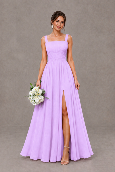 BOLODOO Lilac Square Neck A-Line Bridesmaid Dress with Slit - Lilac - Lilac_1