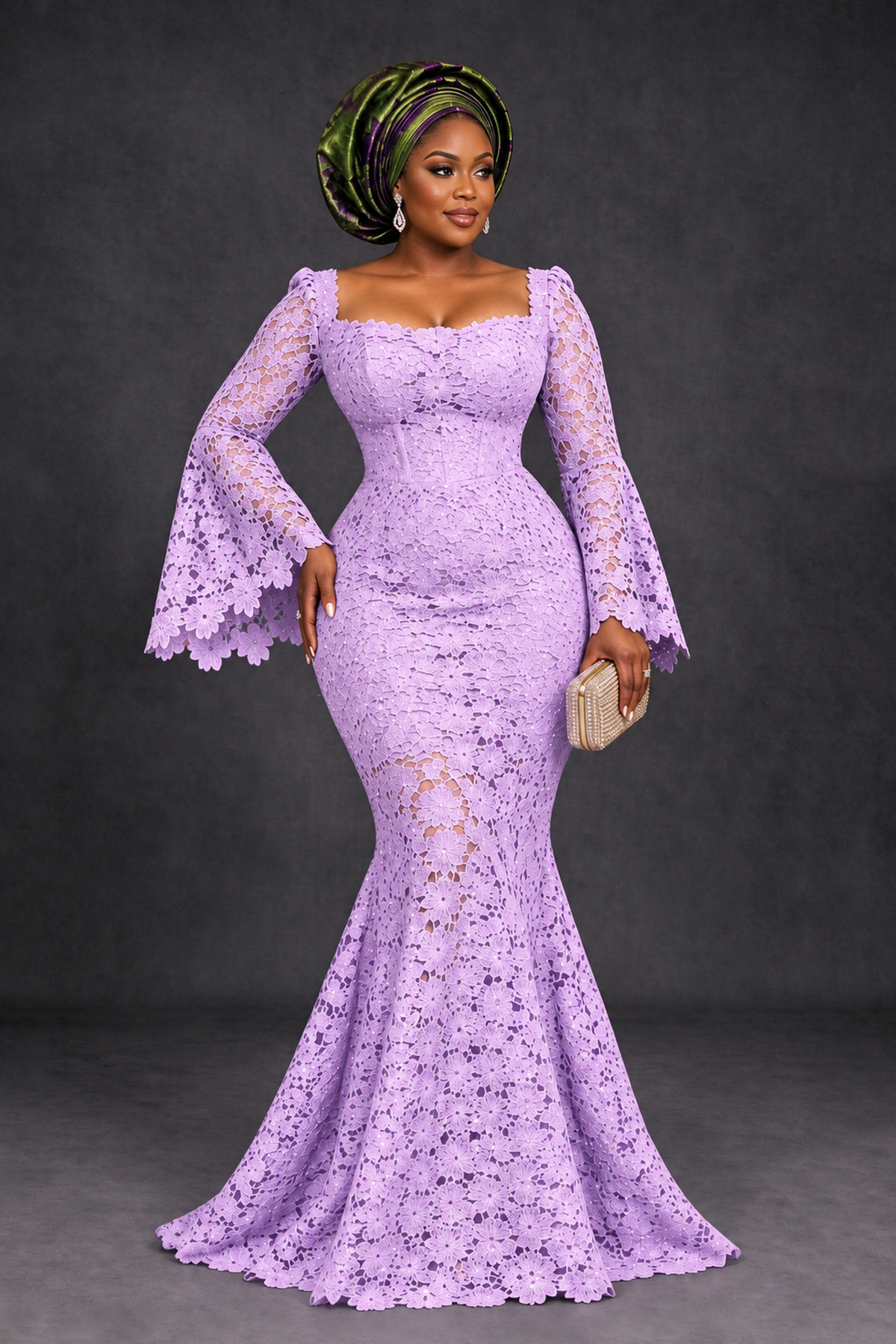 BOLODOO Lilac African Lace Mermaid Dress, Plus Size Nigerian Wedding Guest Gown with Bell Sleeves - Lilac - Lilac_1