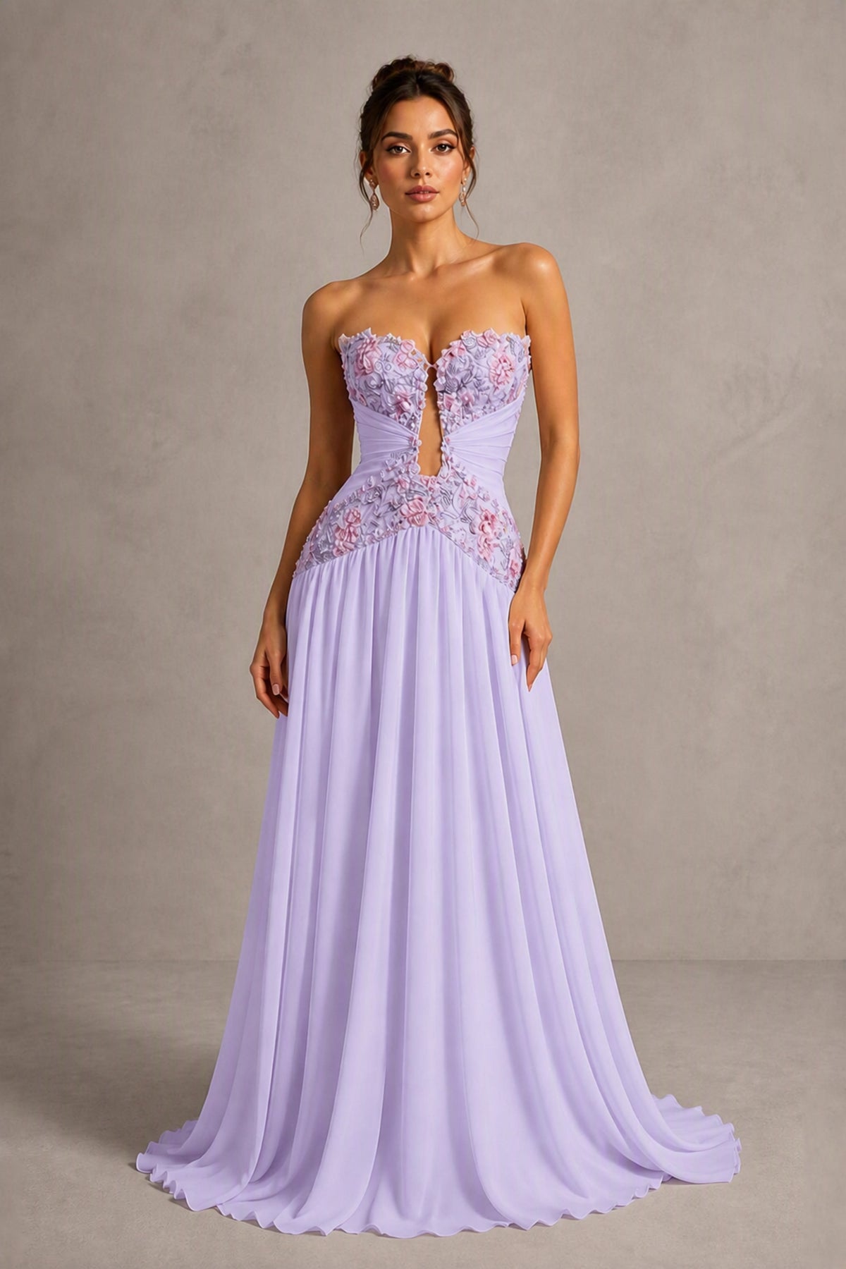 Lilac Strapless Sweetheart A-Line Chiffon Gown with 3D Floral Appliques & Cutout | BOLODOO - Lilac