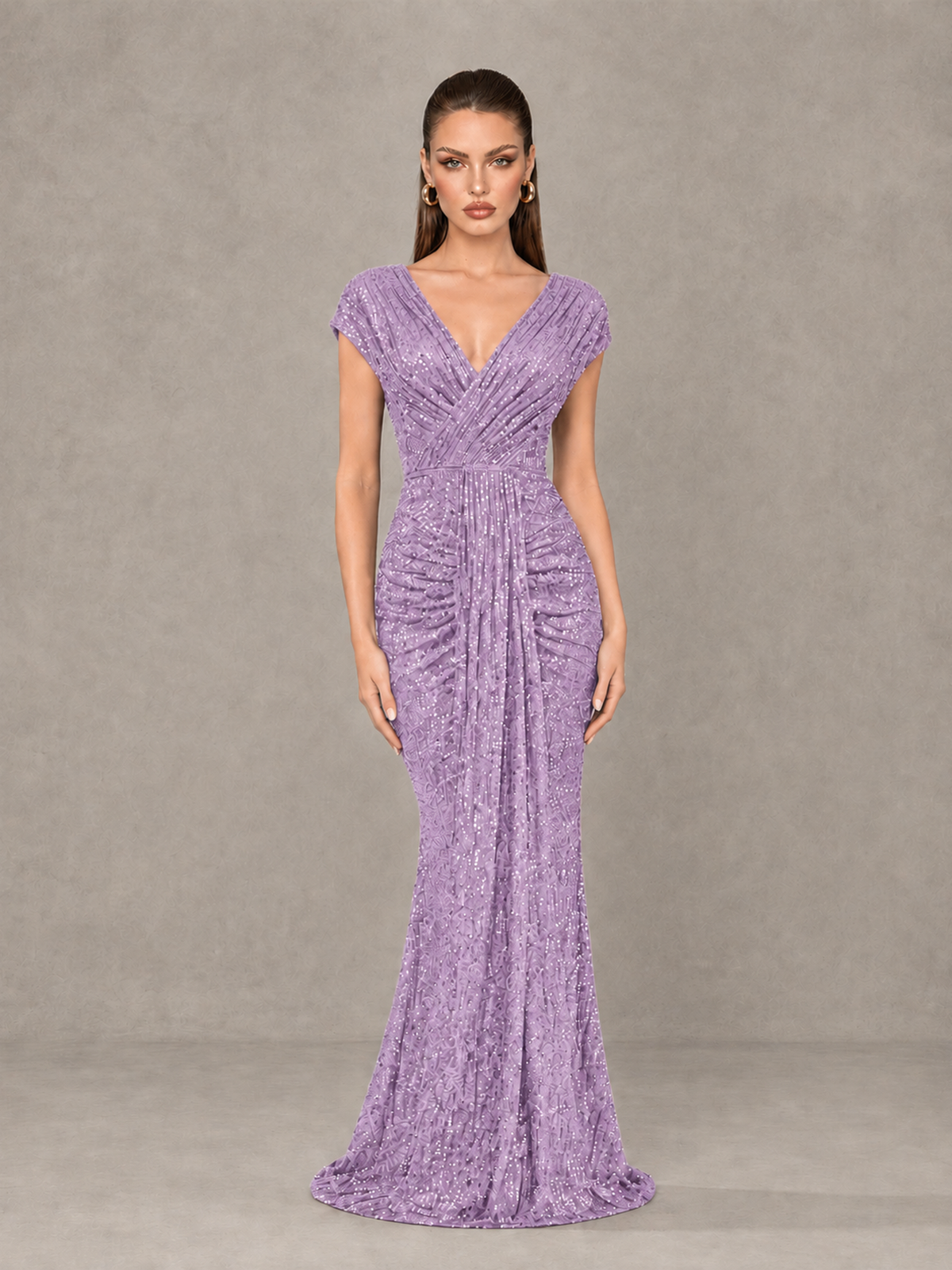 BOLODOO Lilac Glitter V-Neck Cap Sleeve Ruched Mermaid Evening Gown - Lilac - Lilac_1