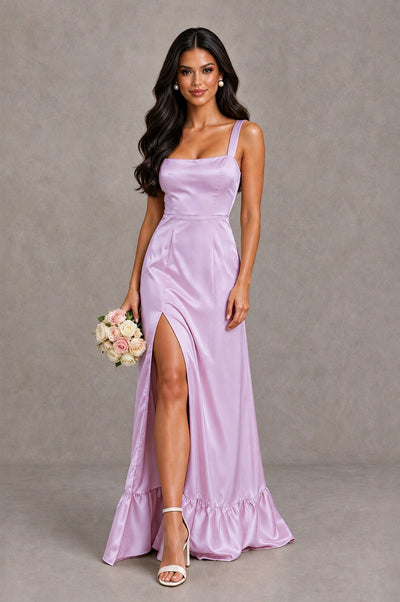 BOLODOO Lilac Square Neck Satin Evening Dress with Lace-Up Back and High Slit - Lilac - Lilac_1