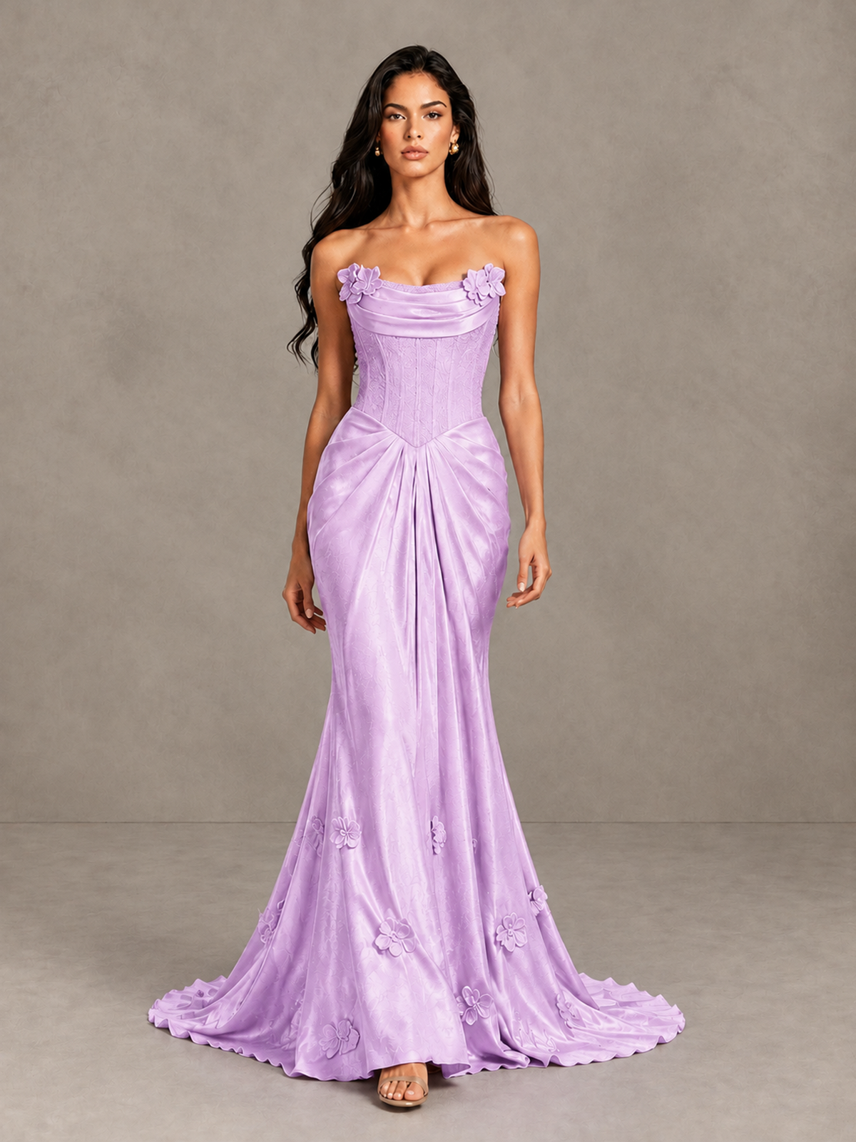 BOLODOO Lilac Strapless Floral Corset Evening Gown with Train - Lilac - Lilac_1