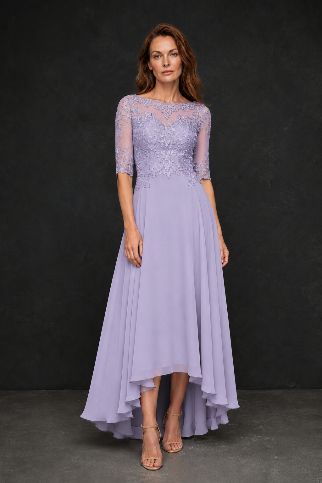BOLODOO Lilac Illusion Lace 3/4 Sleeve Hi-Lo Chiffon A-Line Dress | Mother of the Bride Tea Length Dress - Lilac