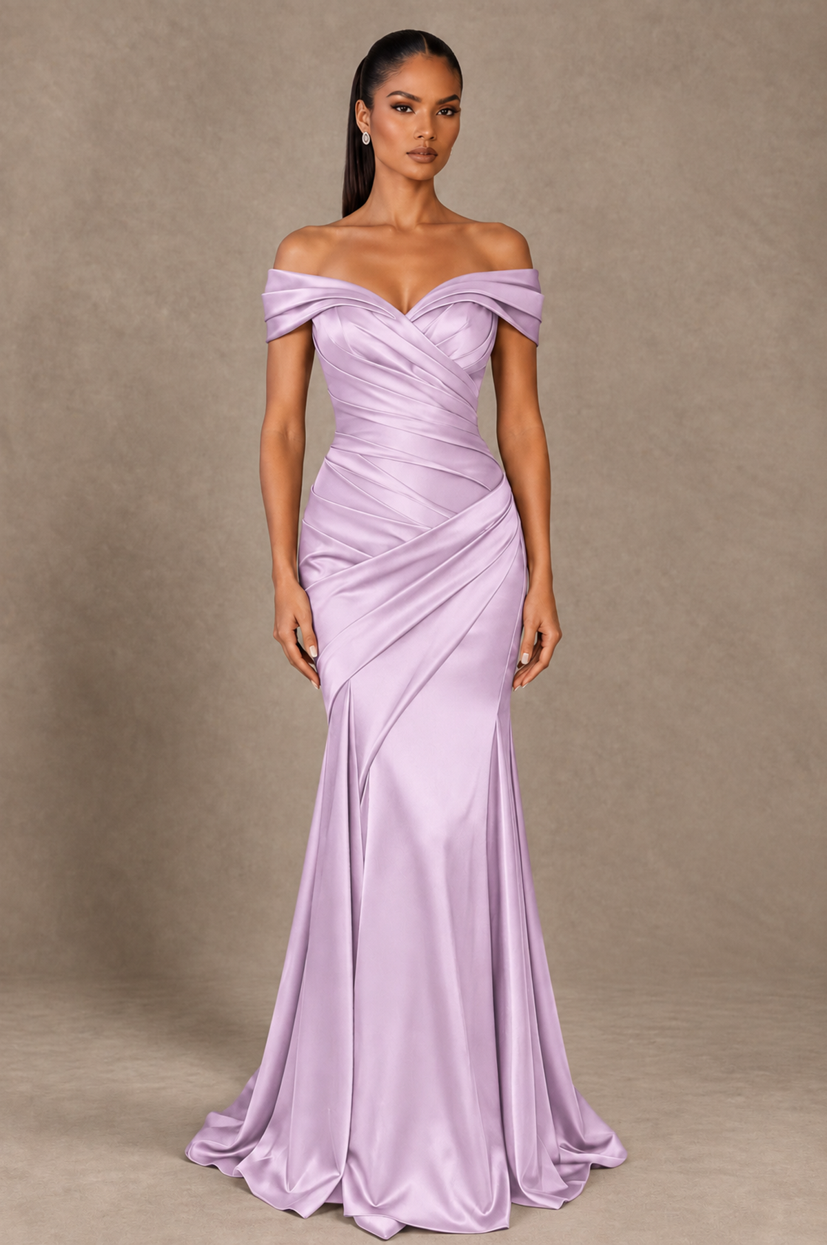 BOLODOO Lilac Off-the-Shoulder Ruched Satin Mermaid Evening Dress - Lilac - Lilac_1