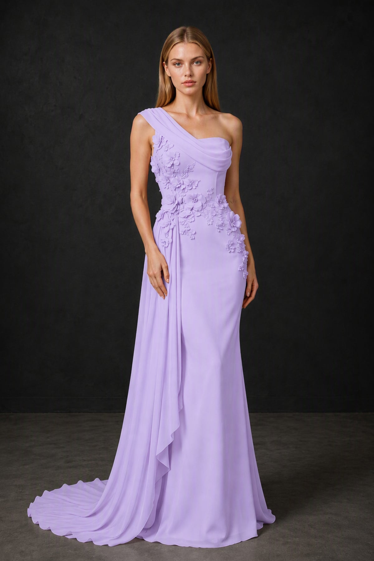 BOLODOO Lilac One-Shoulder 3D Floral Appliqué Chiffon Gown with Open Back - Lilac