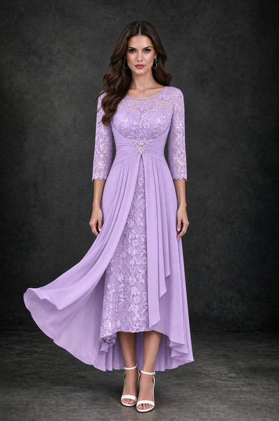 BOLODOO Lilac Sequin Lace & Chiffon Tea-Length Mother of the Bride Dress with 3/4 Sleeves - Lilac - Lilac_1