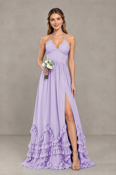 BOLODOO Lilac Halter Ruffle Hem A-Line Bridesmaid Dress with High Slit - Lilac - Lilac(1)