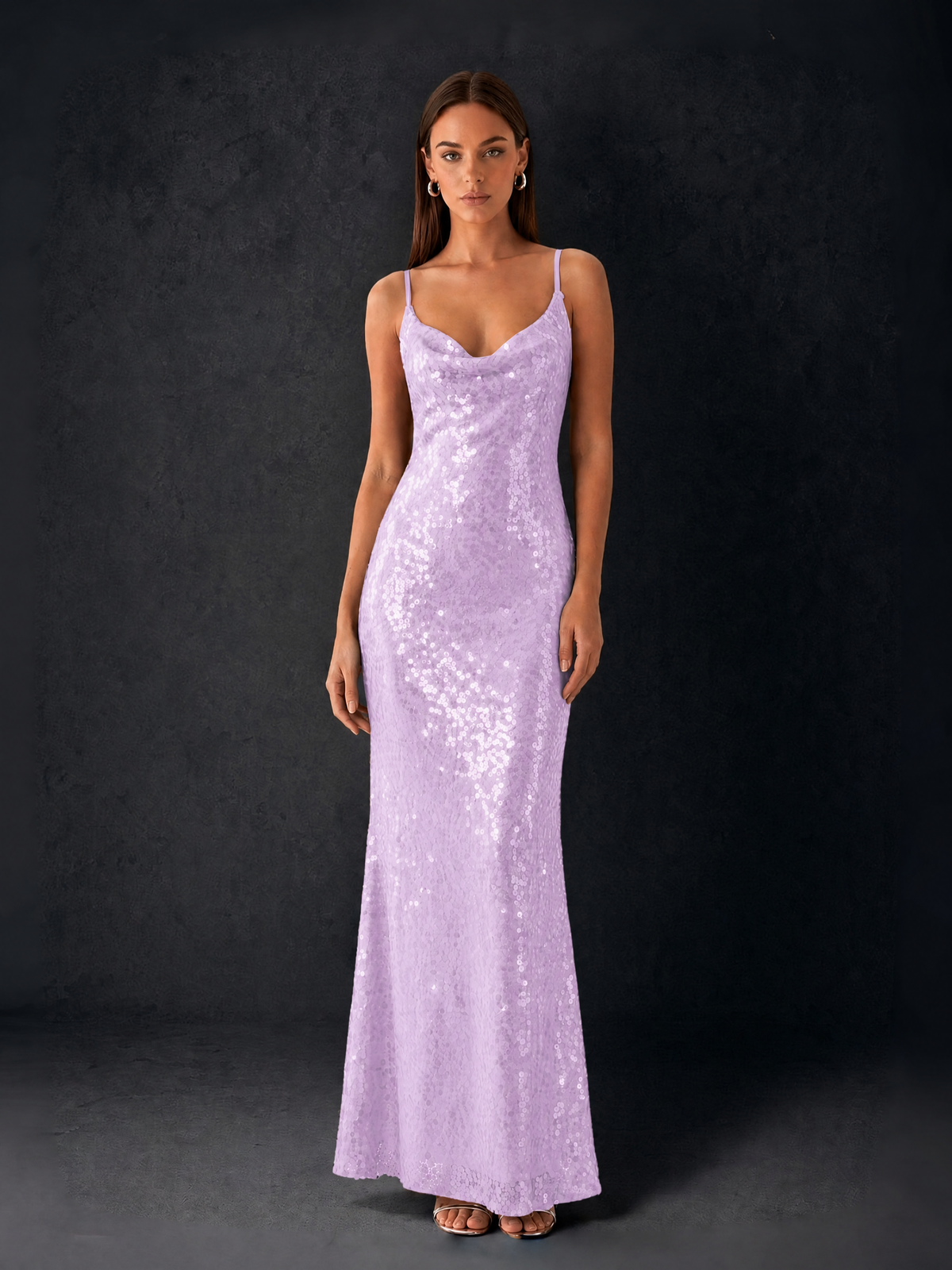 BOLODOO Bronze Sequin Cowl Neck Spaghetti Strap Mermaid Maxi Dress with Open Criss-Cross Back - Lilac - Lilac