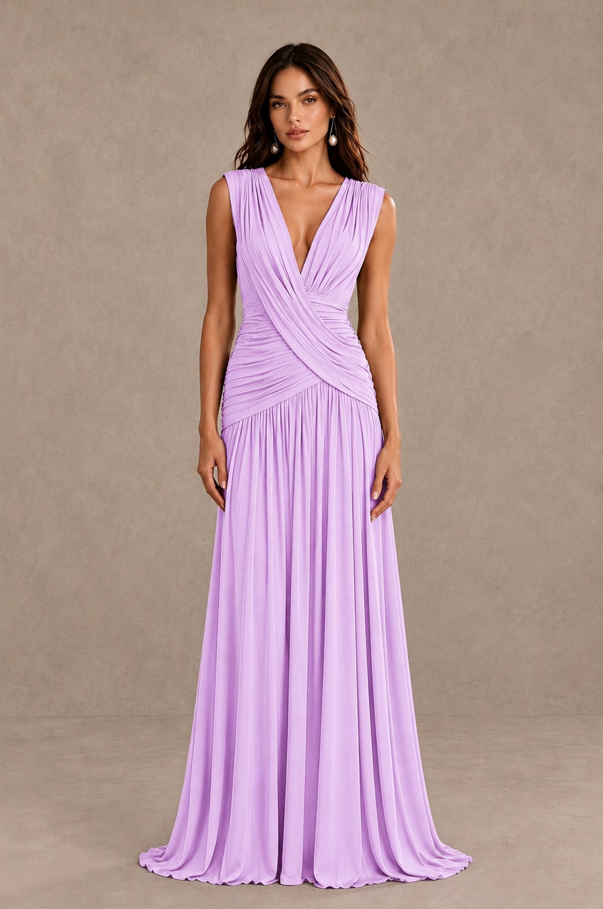 BOLODOO Lilac V-Neck Ruched Wedding Guest Dress - Lilac - Lilac_1
