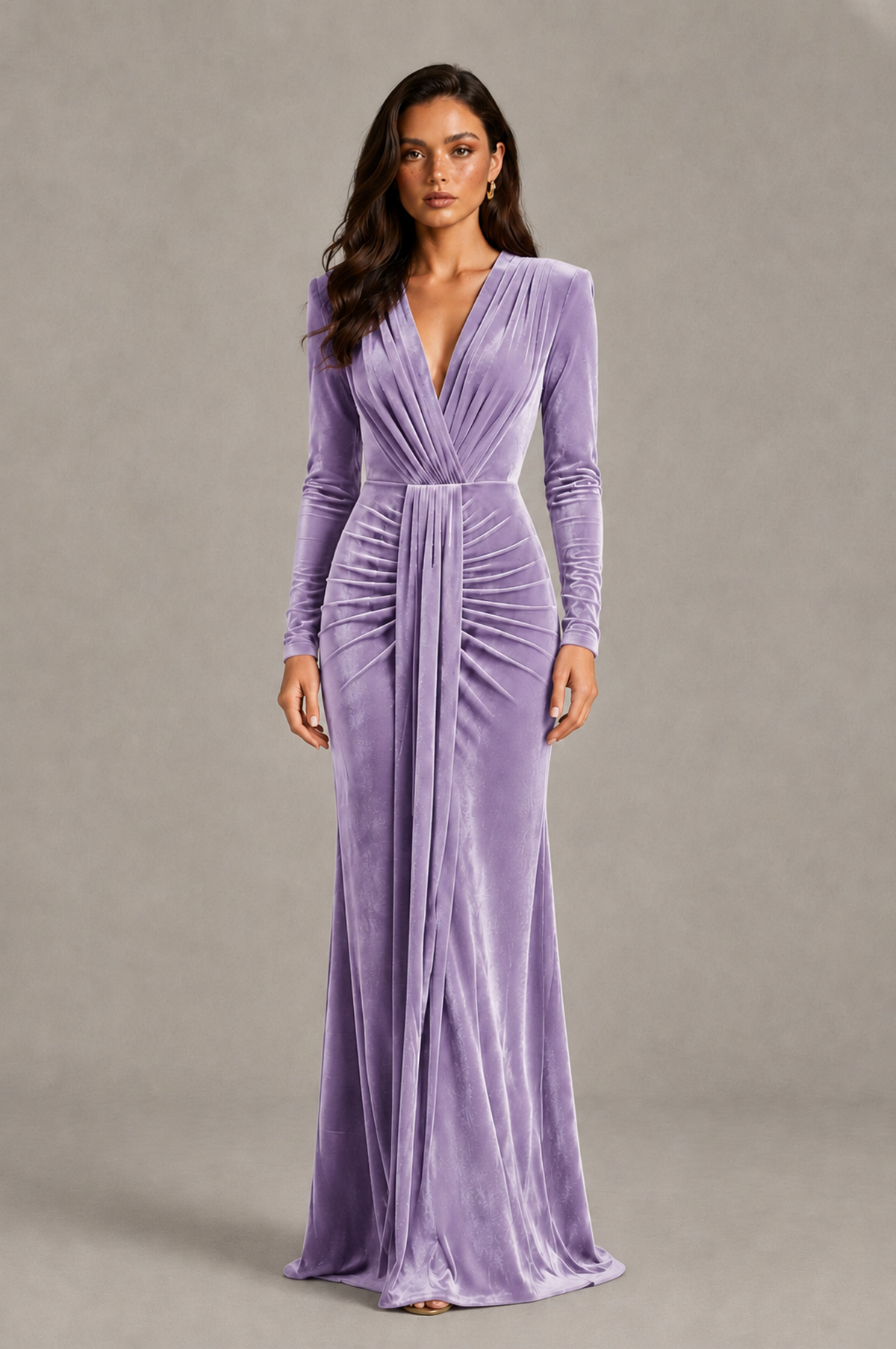 BOLODOO Lilac Velvet Long Sleeve V-Neck Ruched Evening Gown - Lilac