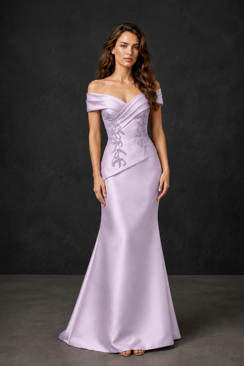BOLODOO Lilac Satin Off-Shoulder Sweetheart Asymmetric Peplum Mermaid Gown with Lilac Floral Embroidery | MOB Evening Dress - Lilac
