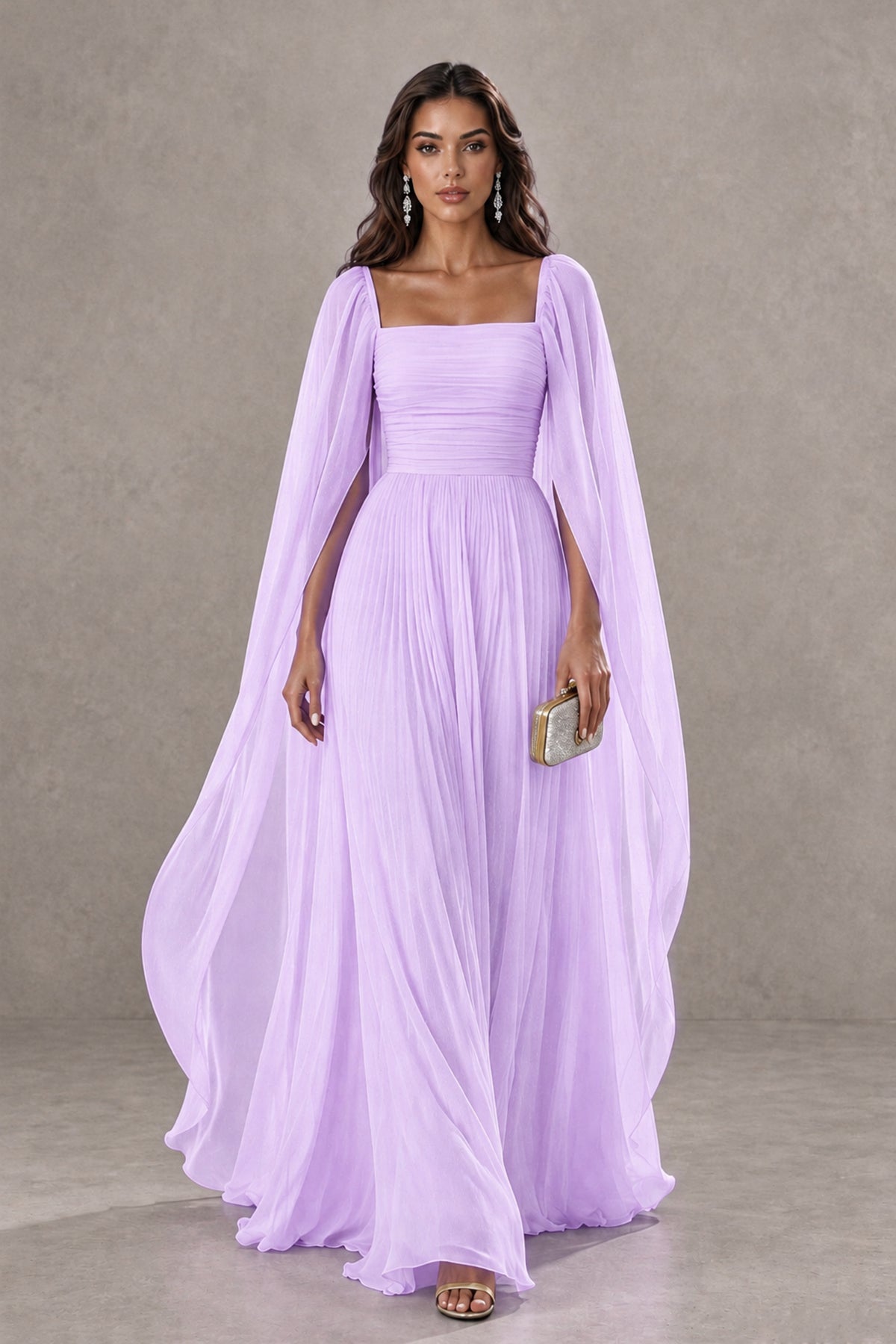 BOLODOO Lilac Square Neck Cape Sleeve A-Line Evening Dress - Lilac - Lilac_1