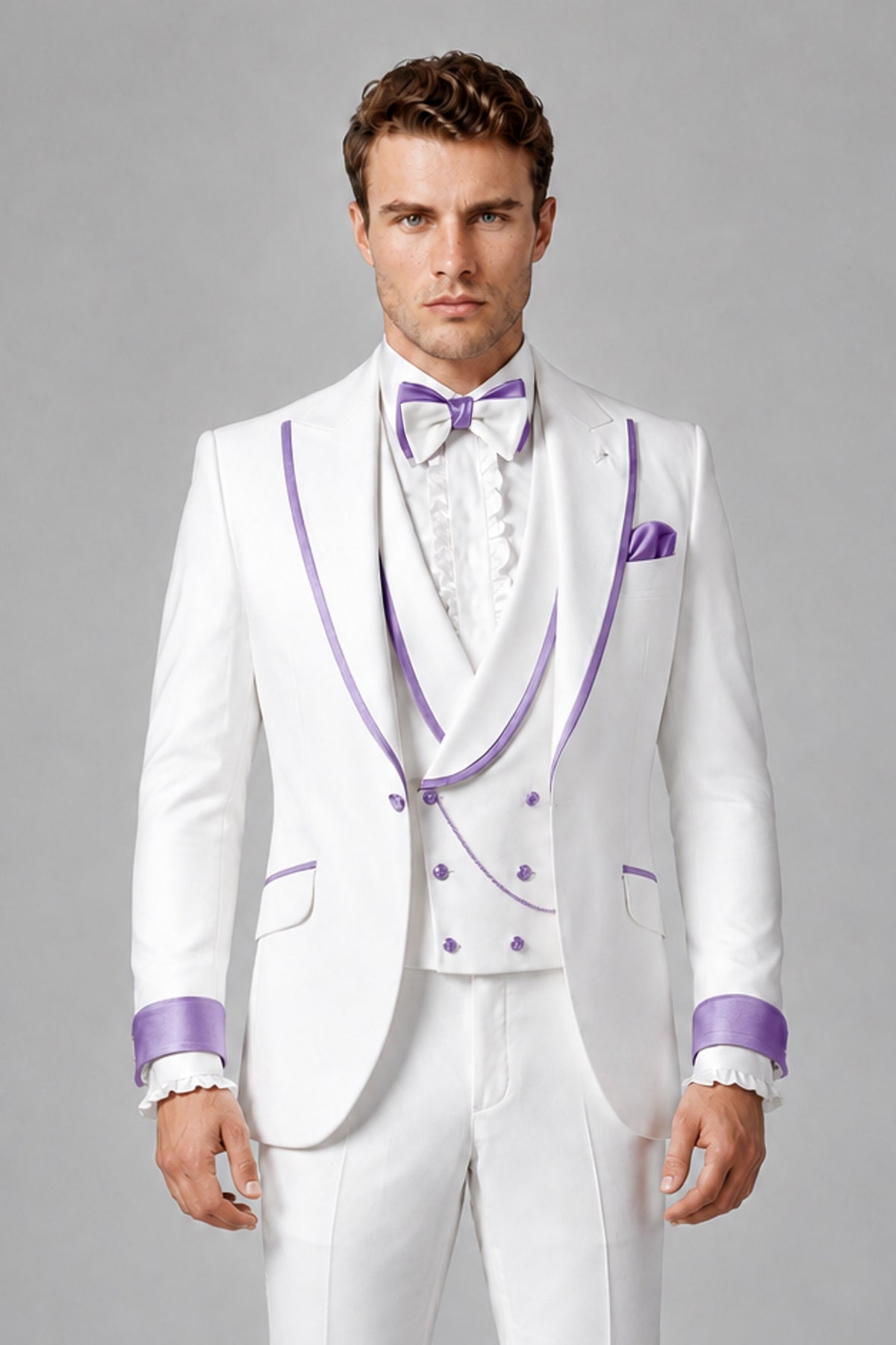 Bolodoo Men's White and Lilac Three-Piece Wedding Tuxedo Suit - Lilac - Lilac_1