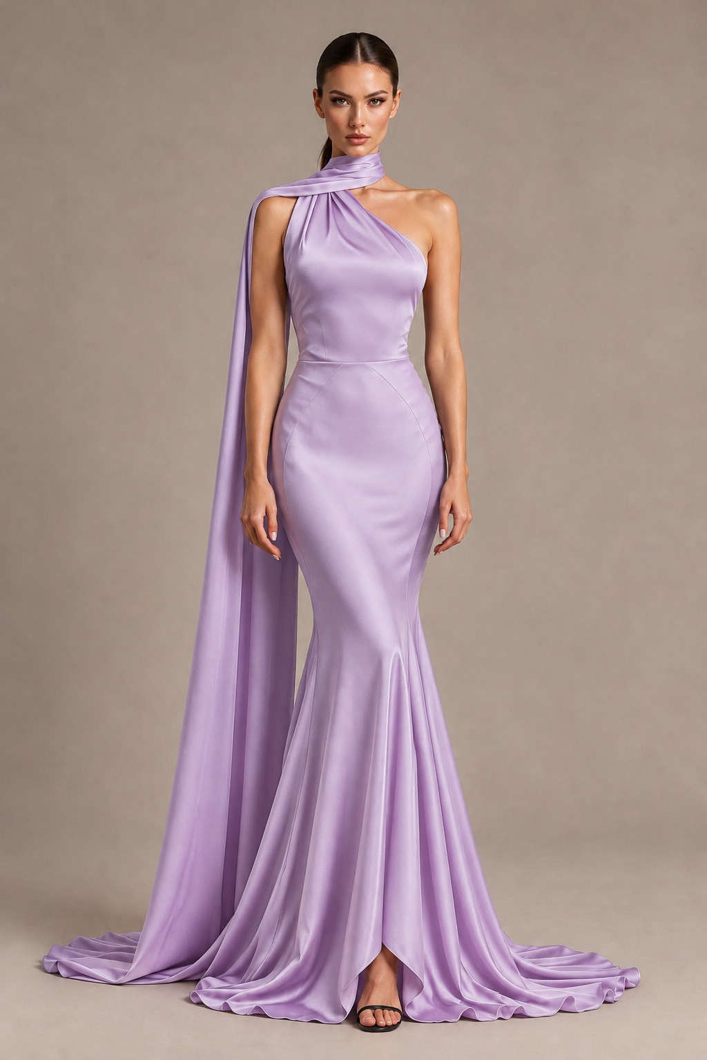 BOLODOO Lilac One-Shoulder Satin Mermaid Evening Dress with Scarf - Lilac - Lilac_1