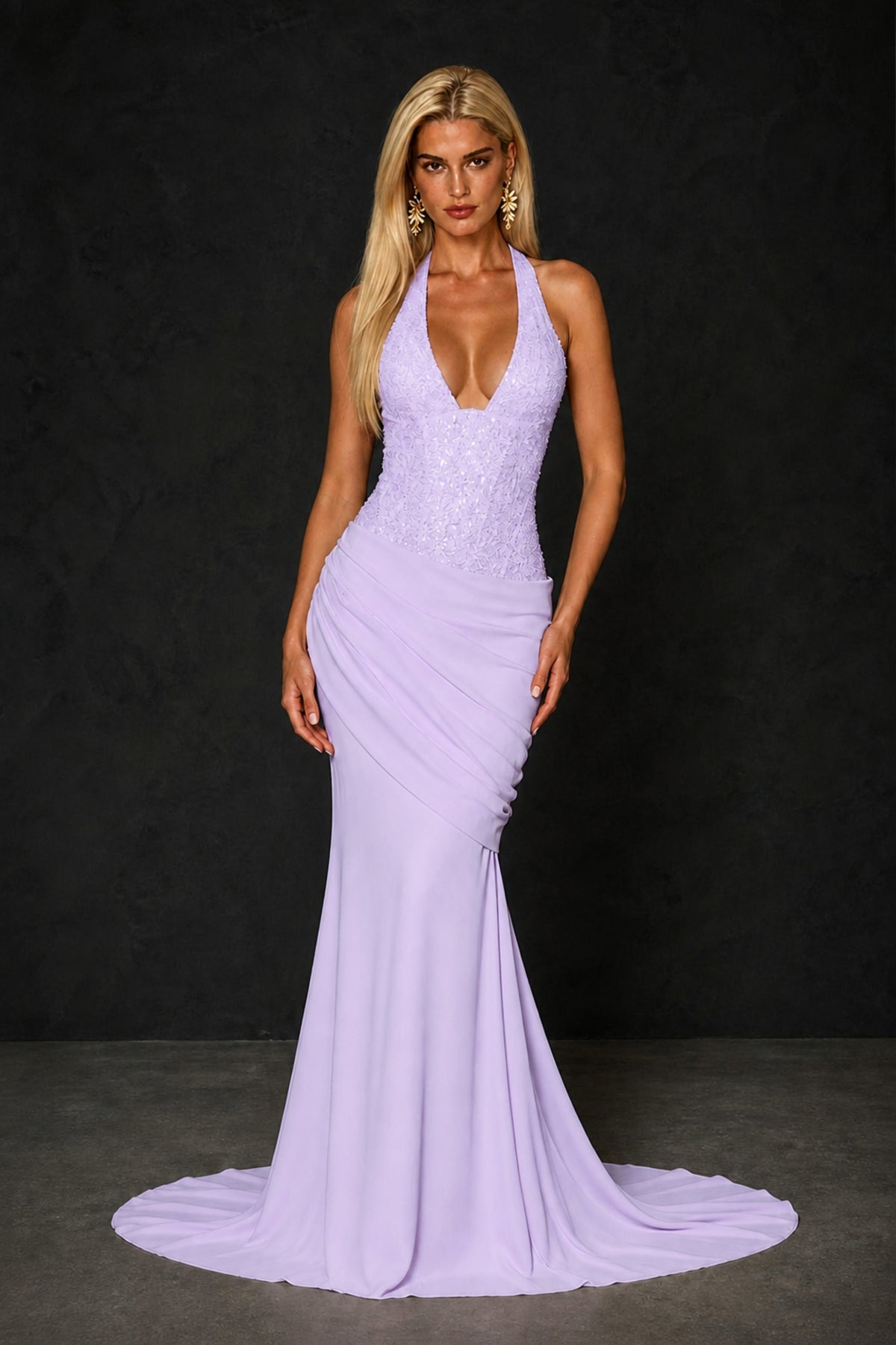 BOLODOO Lilac Halter Mermaid Gown – Deep V Open Back Sequin Formal Evening Dress with Train - Lilac