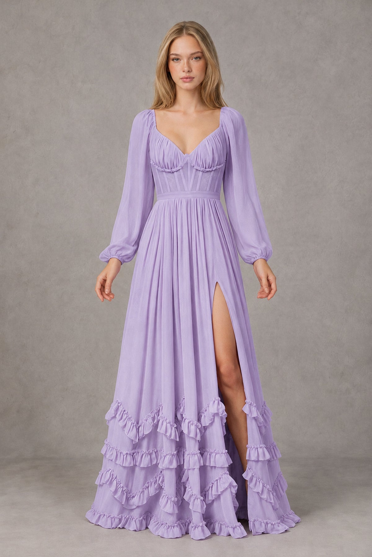 Lilac Long-Sleeve Ruffle Maxi Dress with Lace-Up Back and Slit - Lilac